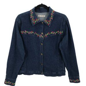 A.M.I. Womens Blue Stretch Denim Embroidered Long Sleeve Jean Jacket Size M/L